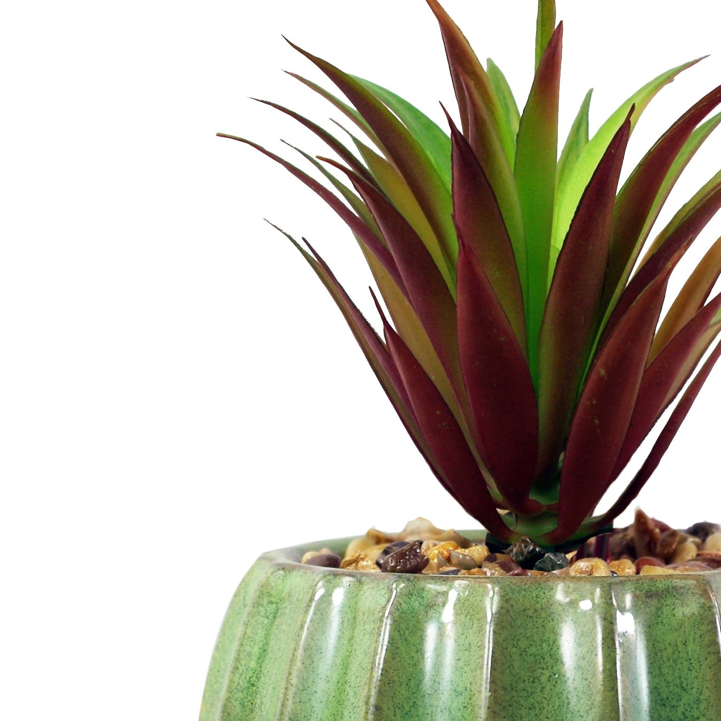 20cm Ceramic Green Glazed Barrel Planter with Artificial Red Dracaena Plant