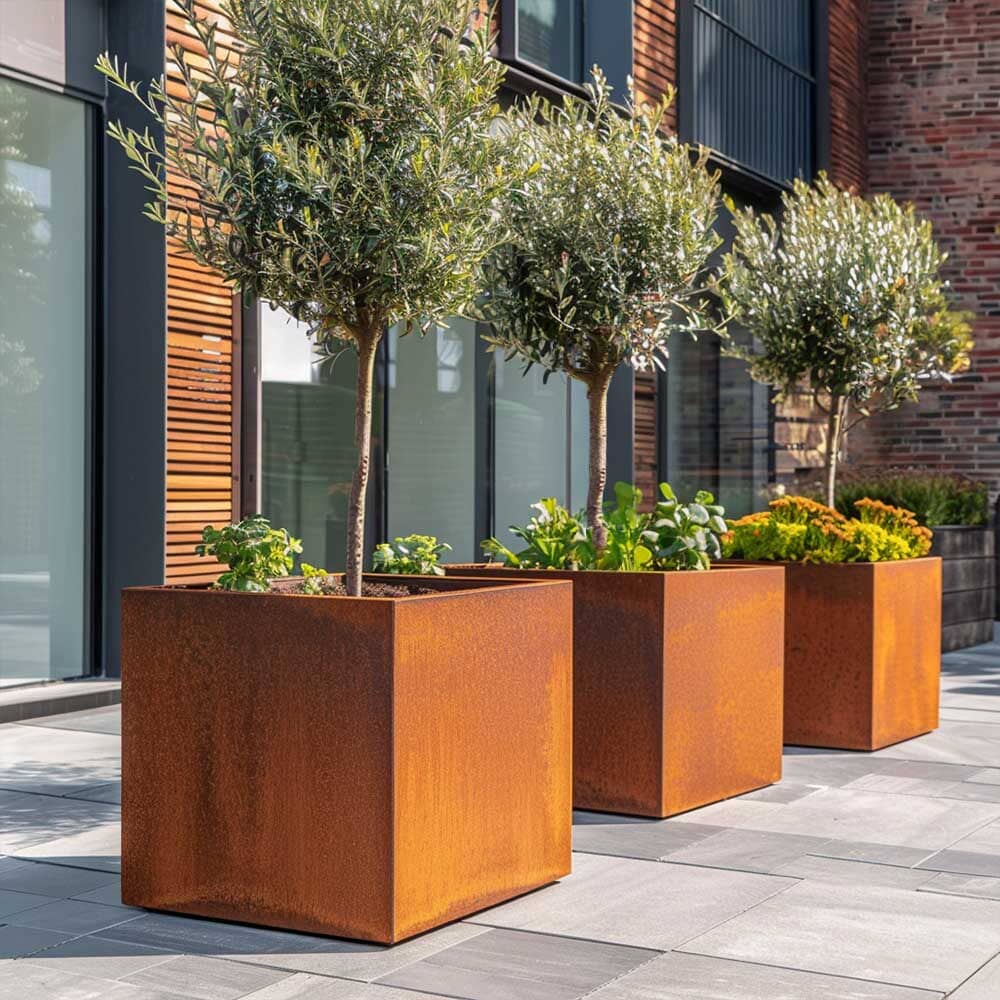 Pre-Rusted Corten Steel Straight Edge Cube Planter