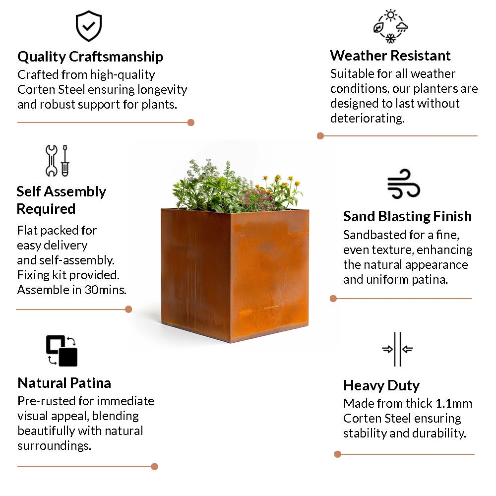 Pre-Rusted Corten Steel Straight Edge Cube Planter