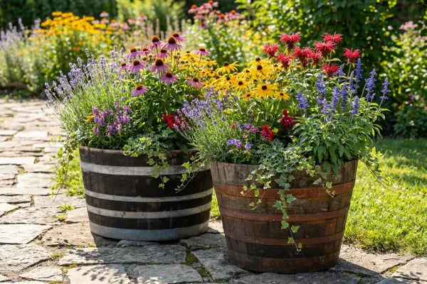 Two rustic wooden barrel planters brimming with colourful summer flowers