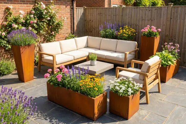 Sunlit slate-paved garden patio with an L-shaped wooden sofa and matching armchair with beige cushions around a low concrete table, surrounded by rusted metal planters