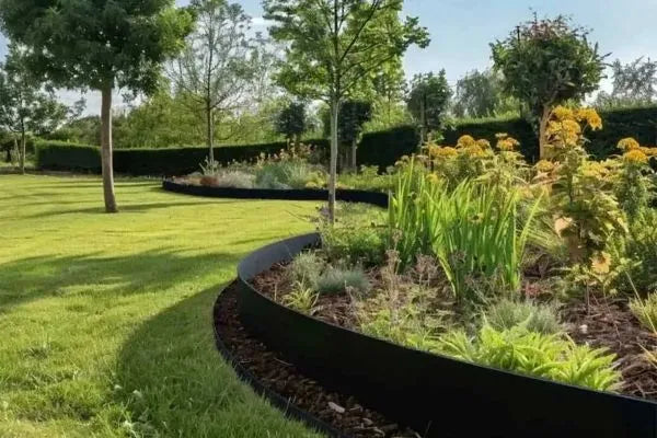 Powder Coated Steel edging in a curved shape separating grass from a flowerbed