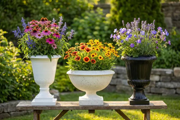 Three ornate planters on a wooden bench in a sunlit garden hold pink coneflowers with purple spikes in a white urn, red-and-yellow daisies in a low speckled pot,