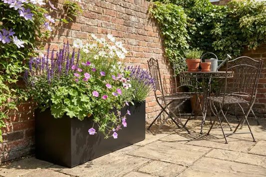 Sunny courtyard patio against a brick wall with ivy, featuring a large black rectangular planter overflowing with purple, pink, and white flowers beside a wrought-iron bistro table and two chairs holding terracotta pots