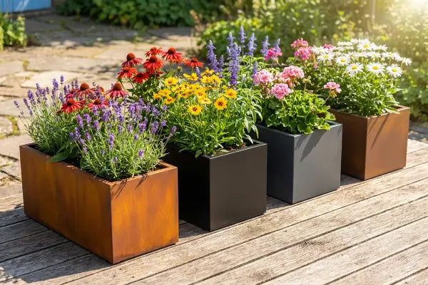 Four modern metal planters on a sunlit wooden deck display colourful summer flowers—lavender spikes and red coneflowers, yellow daisies with purple salvia, pink geraniums, and white daisies—set against a blurred garden patio background.