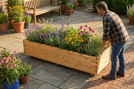 Man in a plaid shirt moves a long wheeled wooden planter overflowing with purple, yellow, and pink flowers across a sunny stone patio, with potted plants and a wooden bench in the background.