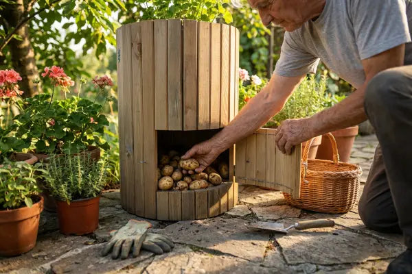 Gardener kneeling on a stone patio opens a wooden potato tower and reaches in to collect muddy potatoes, with a wicker basket, gloves, a trowel, and potted flowers and herbs surrounding the scene in warm garden light.