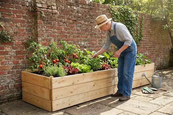 An elderly gardener in denim overalls and a straw hat tends a wooden raised bed of tomatoes, lettuce, and herbs beside a brick wall, with a watering can and gloves on the paved path.