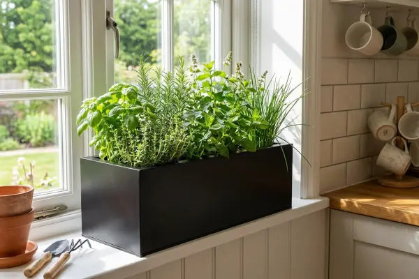 A rectangular black planter on a sunlit kitchen windowsill holds lush herbs—basil, rosemary, thyme, mint, and chives—beside terracotta pots and small tools, with hanging mugs and a green garden visible through the window.