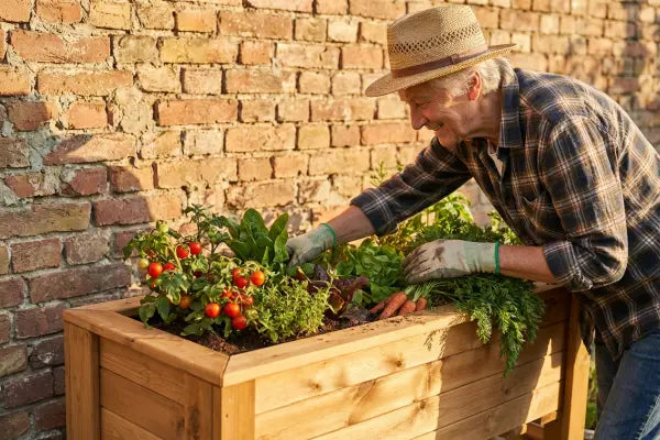 Smiling older man in a straw hat and gloves tends a raised wooden planter against a brick wall, harvesting carrots and caring for cherry tomatoes and leafy greens in warm afternoon light.