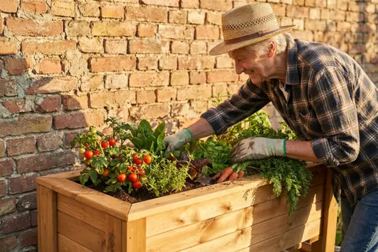 Smiling older man in a straw hat and gloves tends a raised wooden planter against a brick wall, harvesting carrots and caring for cherry tomatoes and leafy greens in warm afternoon light.