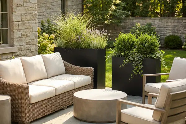 Sunny backyard patio featuring a wicker sofa and cushioned wood chairs around a round concrete table, flanked by tall black planters filled with ornamental grasses, lavender, boxwood, and trailing ivy, set against a stone house and green lawn.