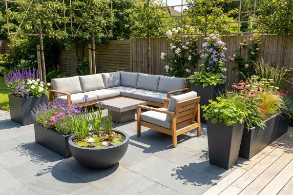 Sunny modern patio featuring an L-shaped gray-cushioned wooden sofa and armchair around a low table, surrounded by large charcoal planters of colourful flowers and grasses plus a round water bowl with lilies,