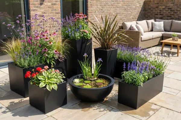 Modern patio with sleek black planters filled with colourful flowers and grasses surrounding a round bowl water feature with lilies and irises, set on stone paving beside a brick wall with a rattan sectional sofa and small wooden table.