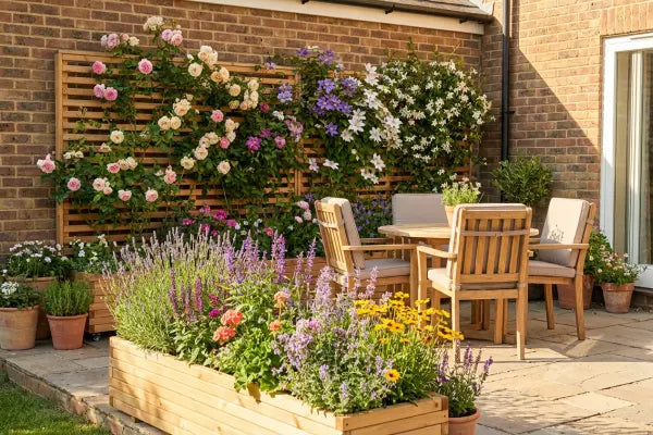 Sunny brick patio garden with a wooden table and four cushioned chairs, a raised planter bursting with lavender, yellow daisies and other flowers, and trellises along the wall.