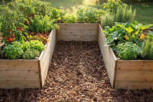 Sunlit backyard vegetable garden with wooden raised beds forming a U-shape around a bark-mulch path, densely planted with tomatoes, lettuce, carrots, basil, thyme, rosemary, and zucchini with yellow blossoms.