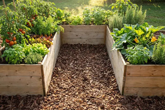 Sunlit backyard vegetable garden with wooden raised beds forming a U-shape around a bark-mulch path, densely planted with tomatoes, lettuce, carrots, basil, thyme, rosemary, and zucchini with yellow blossoms.