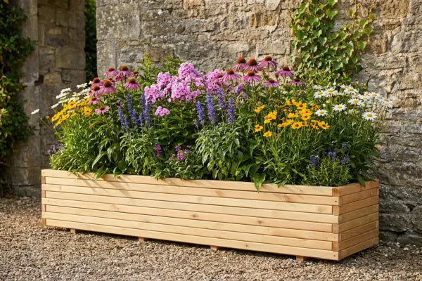 A long light-wood planter overflows with colourful summer flowers—pink coneflowers, purple spikes, yellow blooms, and white daisies—set on a gravel surface against a rustic stone wall with trailing ivy.