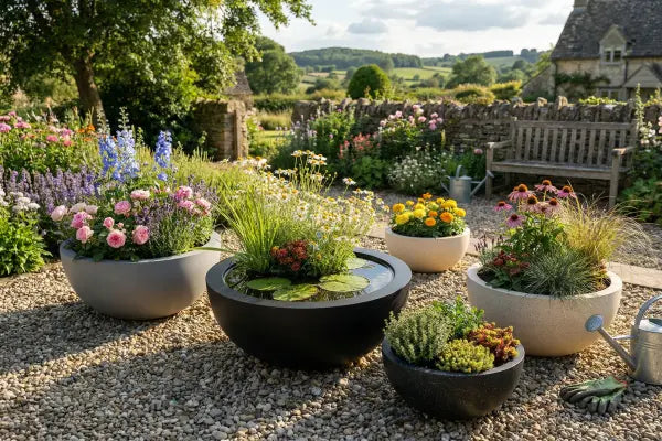Collection of bowl planters on gravel in a garden