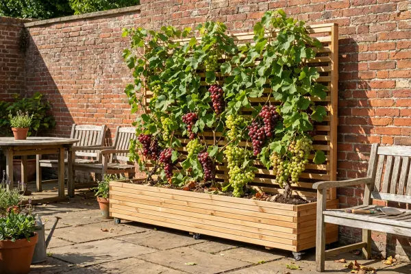 Grape vines in large wooden trellis planter