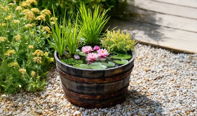 A half barrel pond in a pot