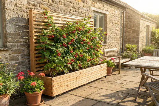 raspberry cane plant in large trellis planter