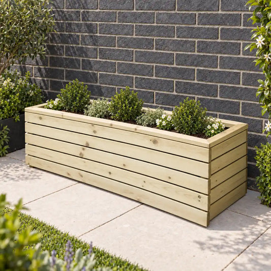 Linear Slatted Trough Planter — planted