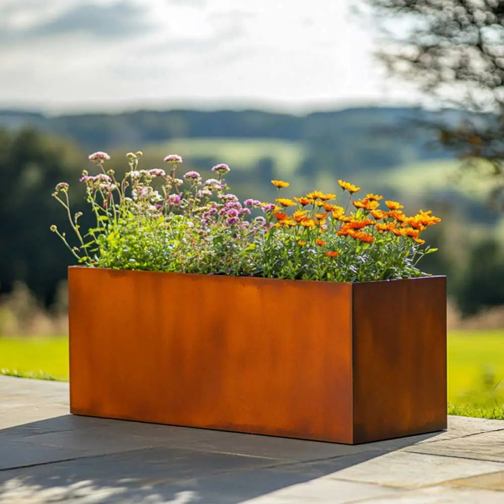 Pre Rusted Planters Pre-Rusted Corten Steel Straight Edge Trough Planter with Feet ...