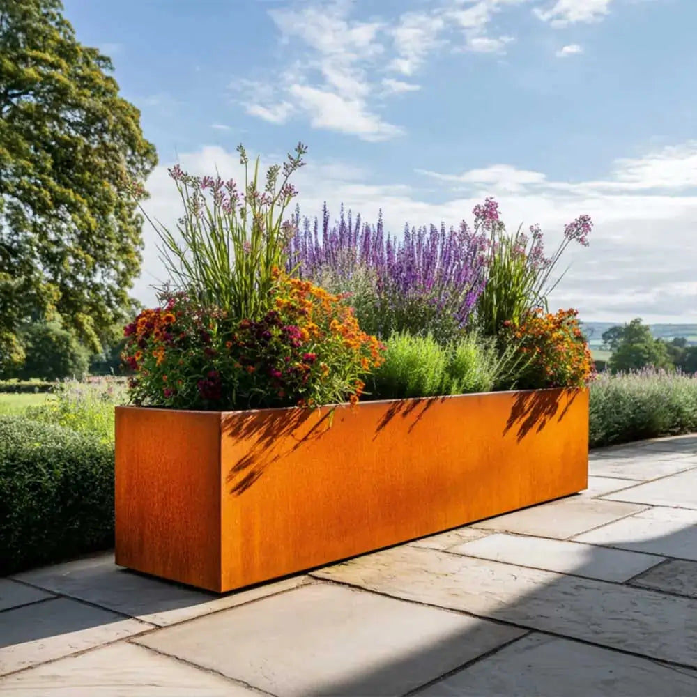 Pre Rusted Planters Pre-Rusted Corten Steel Straight Edge Trough Planter with Feet ...