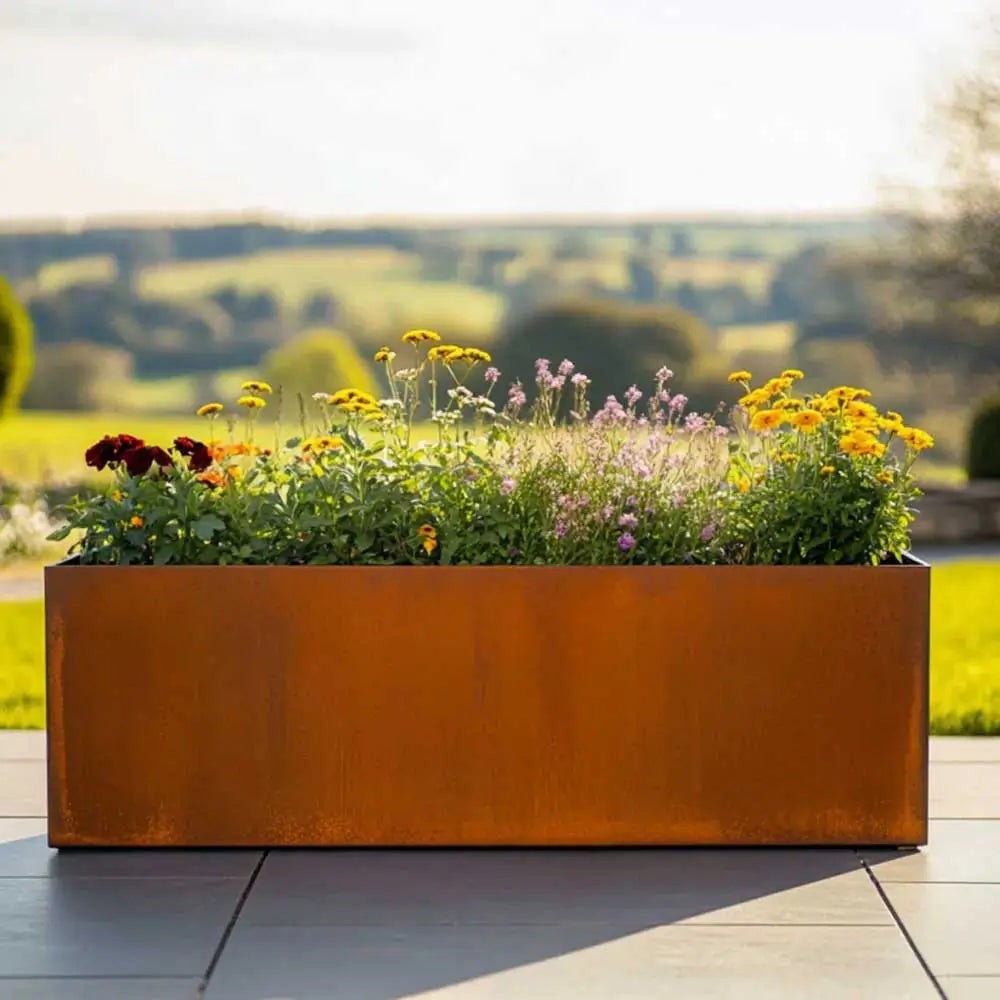 Pre Rusted Planters Pre-Rusted Corten Steel Straight Edge Trough Planter with Feet ...