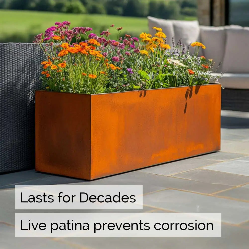Pre Rusted Planters Pre-Rusted Corten Steel Straight Edge Trough Planter with Feet ...