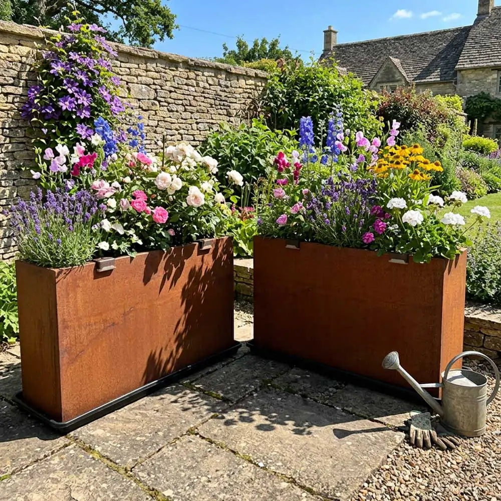 Pre Rusted Planters Pre-Rusted Corten Steel Straight Edge Tall Trough Planter with Feet ...