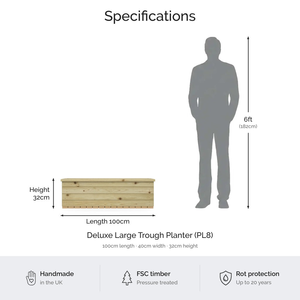 1m Deluxe Large Wooden Trough Planter dimensions and specifications