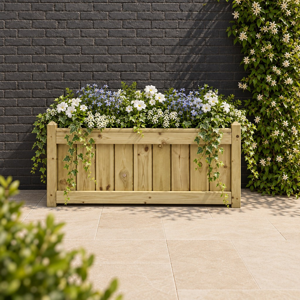 1m Elegant Redwood Trough Planter planted in a garden setting
