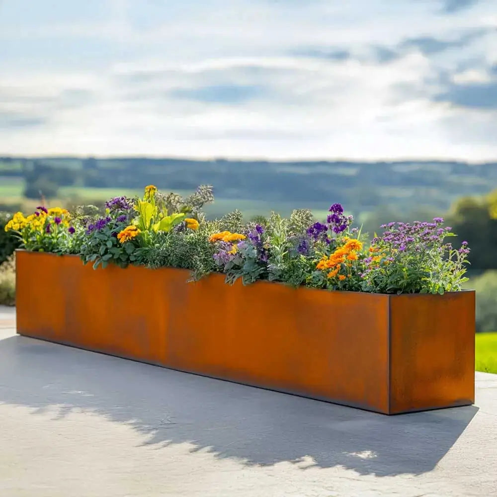 Pre Rusted Planters Pre-Rusted Corten Steel Straight Edge Long Trough Planter with Feet ...