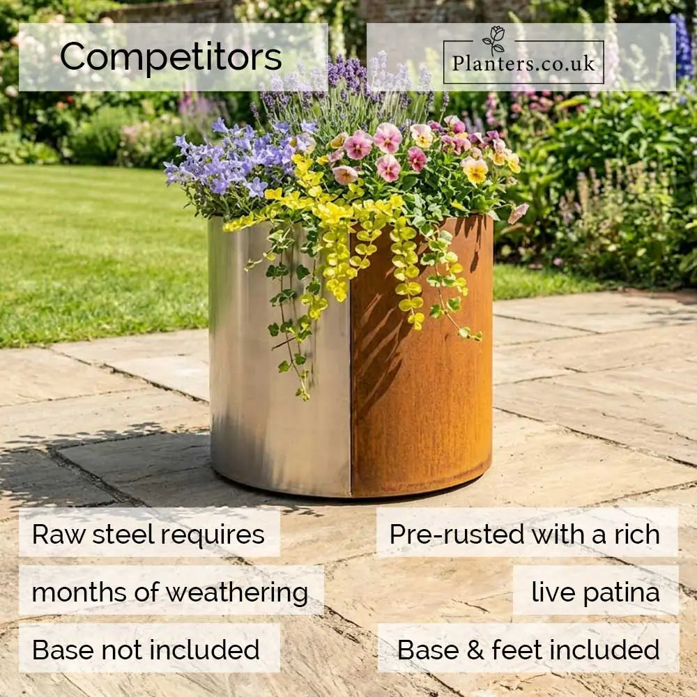 Pre Rusted Planters Pre-Rusted Corten Steel Round Short Cylinder Planter with Feet ...
