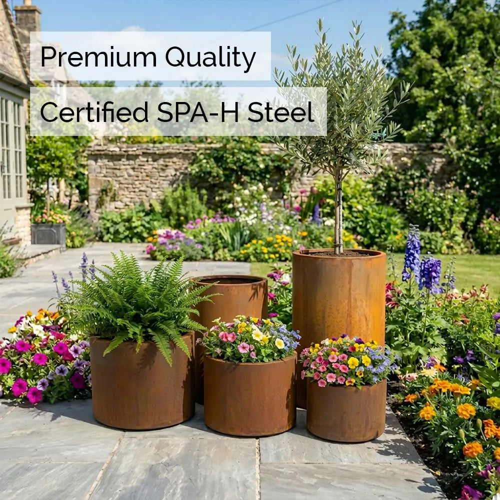 Pre Rusted Planters Pre-Rusted Corten Steel Round Short Cylinder Planter with Feet ...