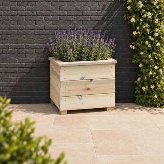 40cm Small Square Wooden Planter planted in a garden setting