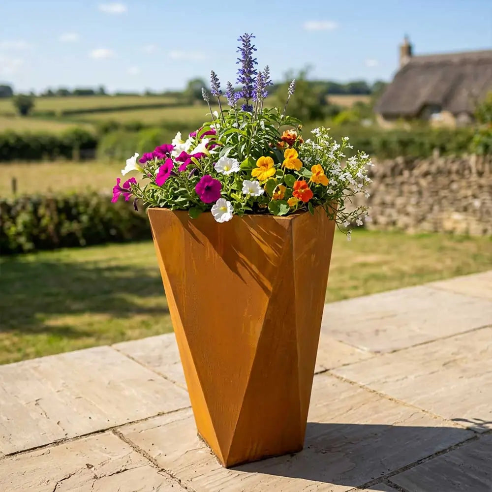 corten steel planter pots Pre-Rusted Corten Steel Tall Geometric Planter with Feet – Planters.co.uk