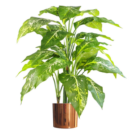 100cm Large Foxs Aglaonema (Spotted Evergreen) Tree Artificial Plant with Copper Metal Planter
