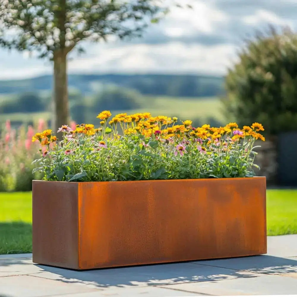 Pre Rusted Planters Pre-Rusted Corten Steel Straight Edge Trough Planter with Feet ...