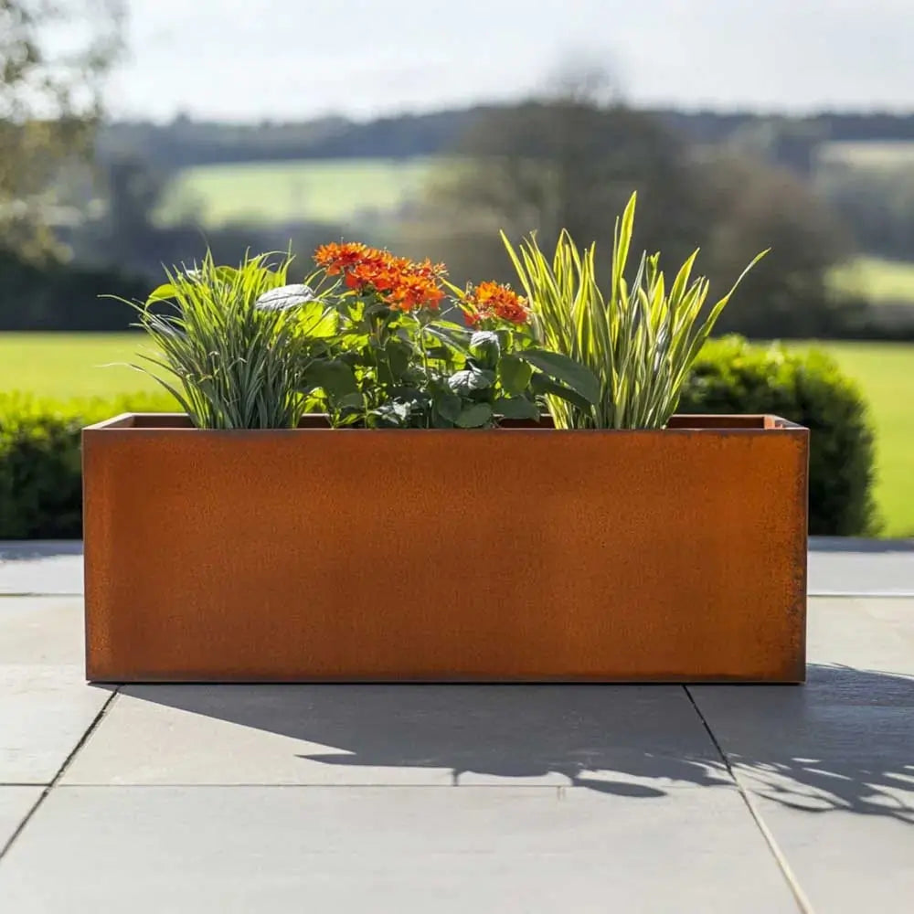 Pre Rusted Planters Pre-Rusted Corten Steel Straight Edge Trough Planter with Feet ...