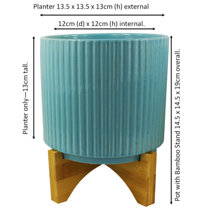 Turquoise Blue Ribbed Ceramic Planter Plant Pot with Bamboo Stand 14.5 x 14.5 x 19cm