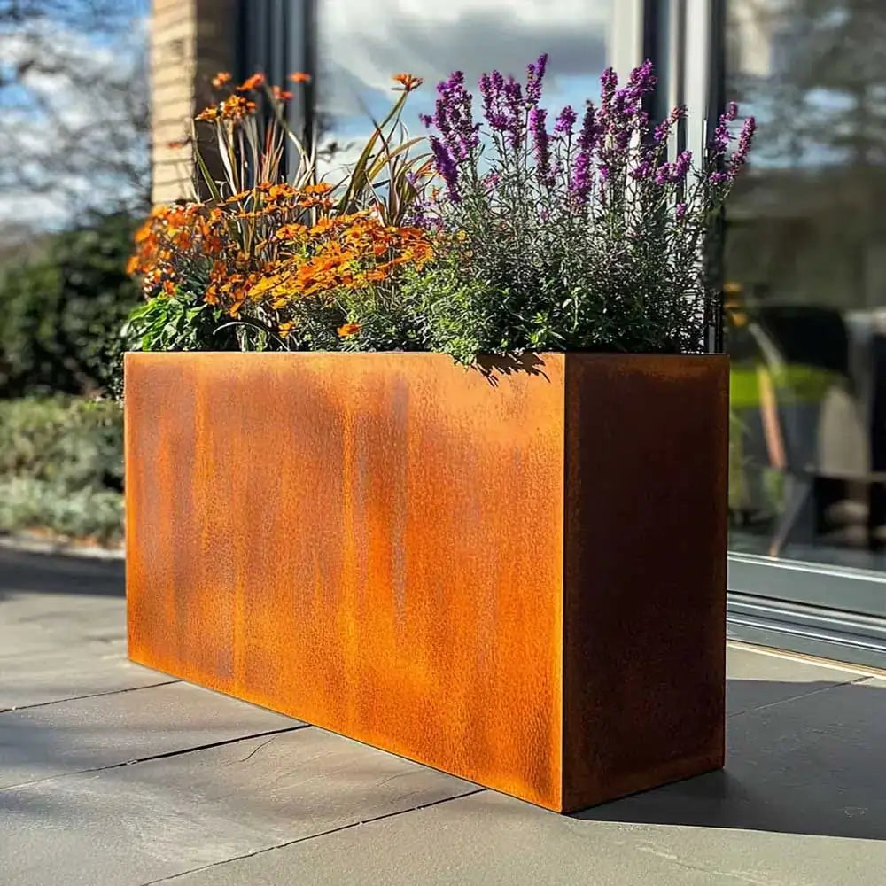 Pre Rusted Planters Pre-Rusted Corten Steel Straight Edge Tall Trough Planter with Feet ...