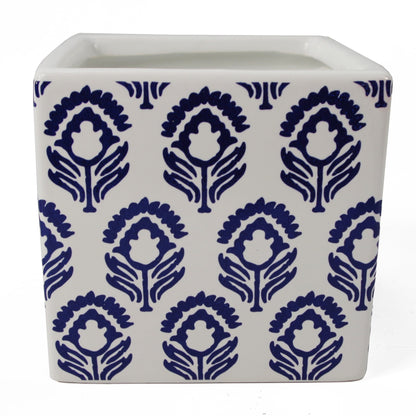12cm Ceramic Cube Planter with Decorative Print Blue Tulip