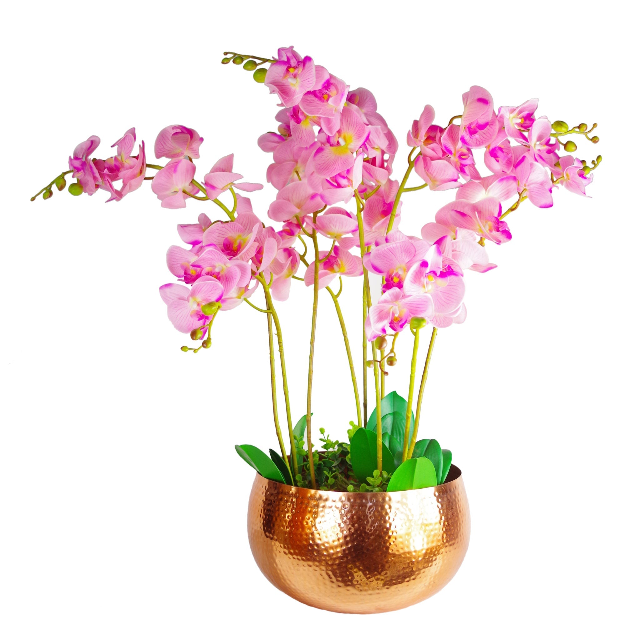 Large Artificial Orchids Display with XL Metal Bowl Planter 70x70cm