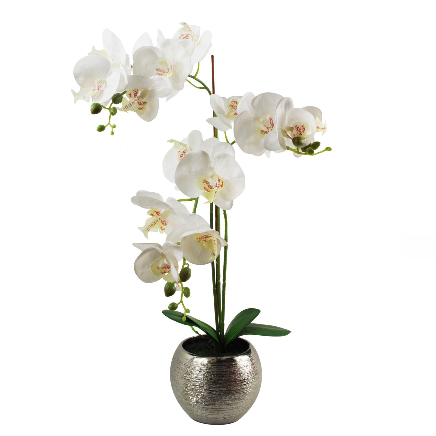 70cm Artificial Orchid White with Silver Ceramic Planter