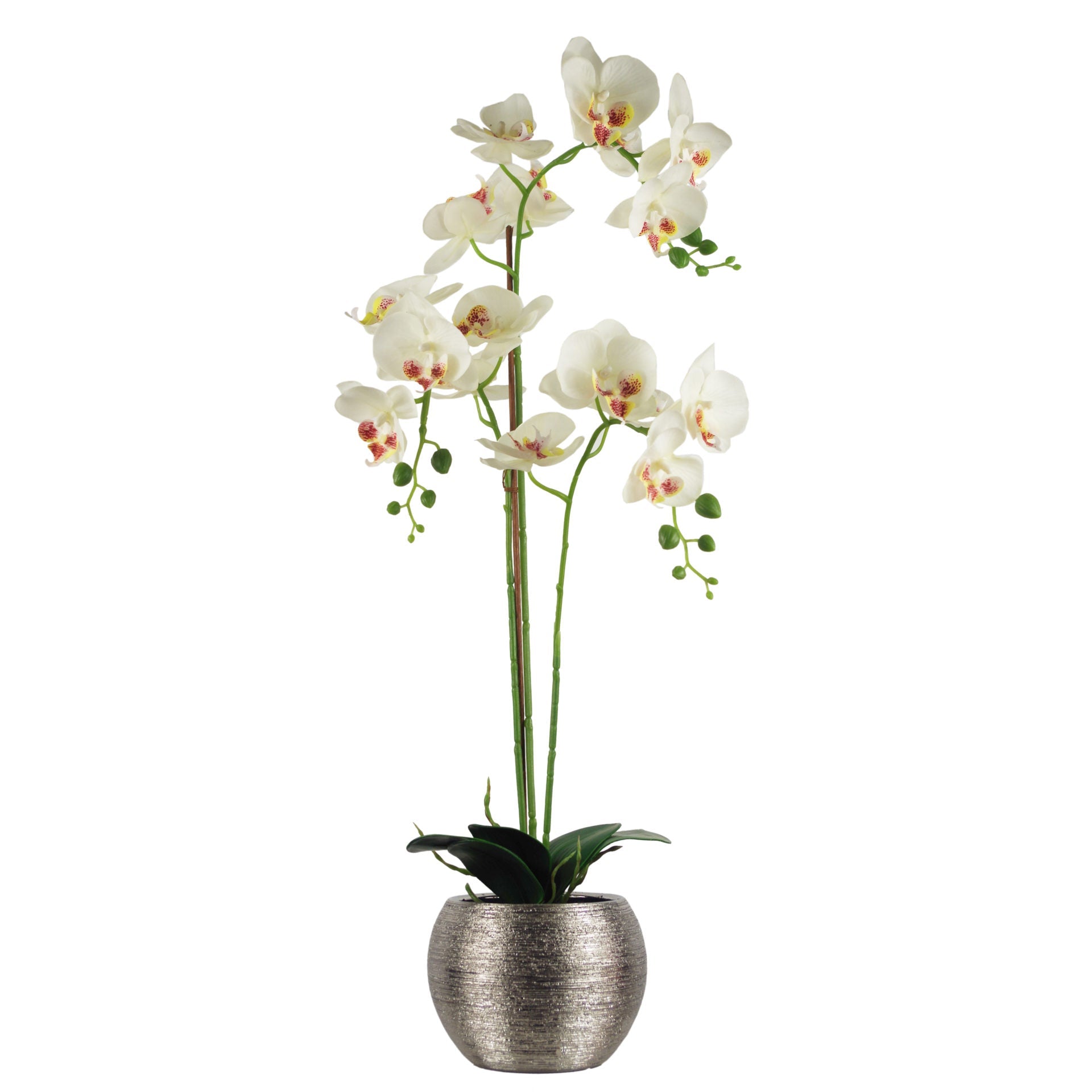 70cm Artificial Orchid White with Silver Ceramic Planter