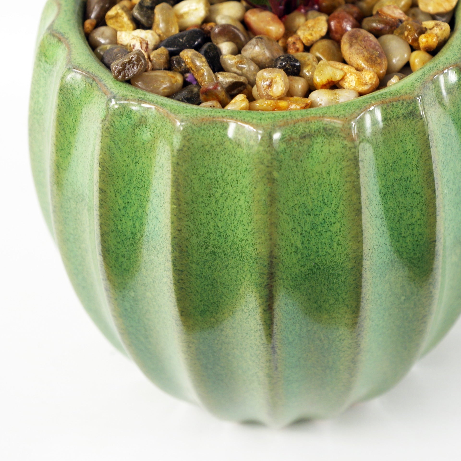 20cm Ceramic Green Glazed Barrel Planter with Artificial Crassula Plant