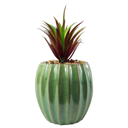 20cm Ceramic Green Glazed Barrel Planter with Artificial Red Dracaena Plant